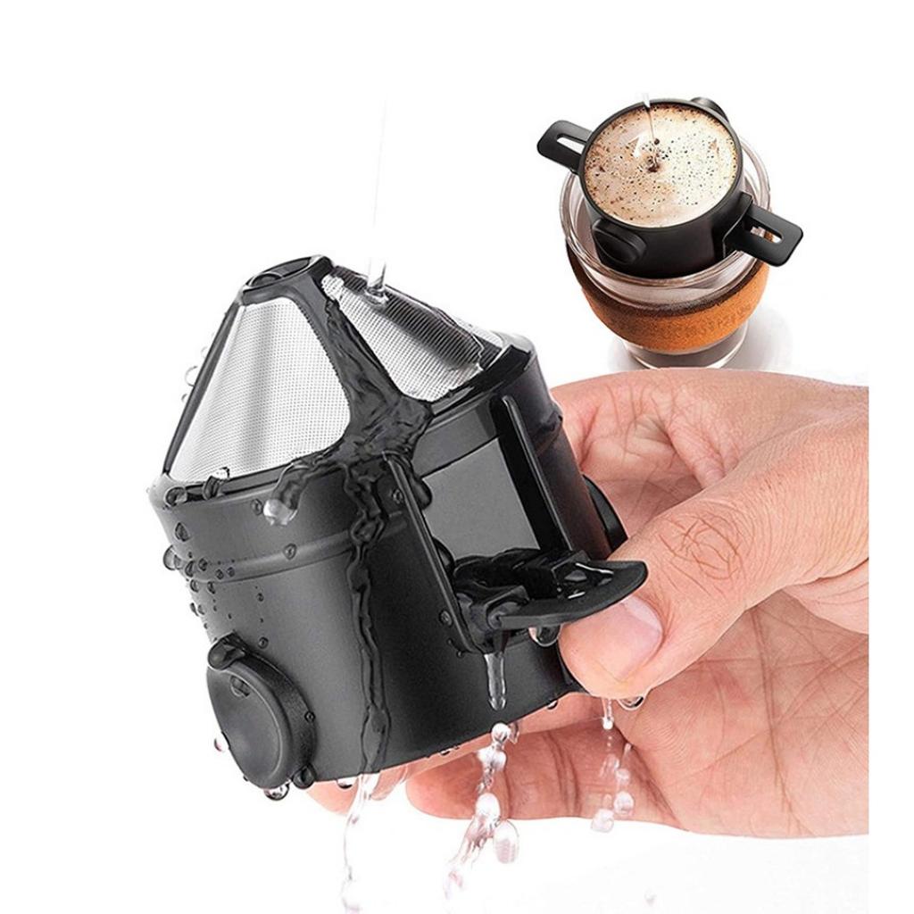 Stainless Steel Portable Coffee Filter Cup Foldable, Hand-Flush Design with Ear Hook for Easy Hanging, No Paper Needed