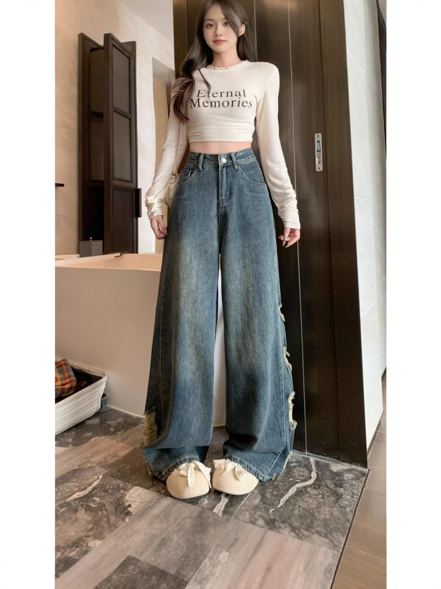 Plus Size Women s Retro Patchwork Wide-Leg Ripped Jeans Quadruple Extra Large синий