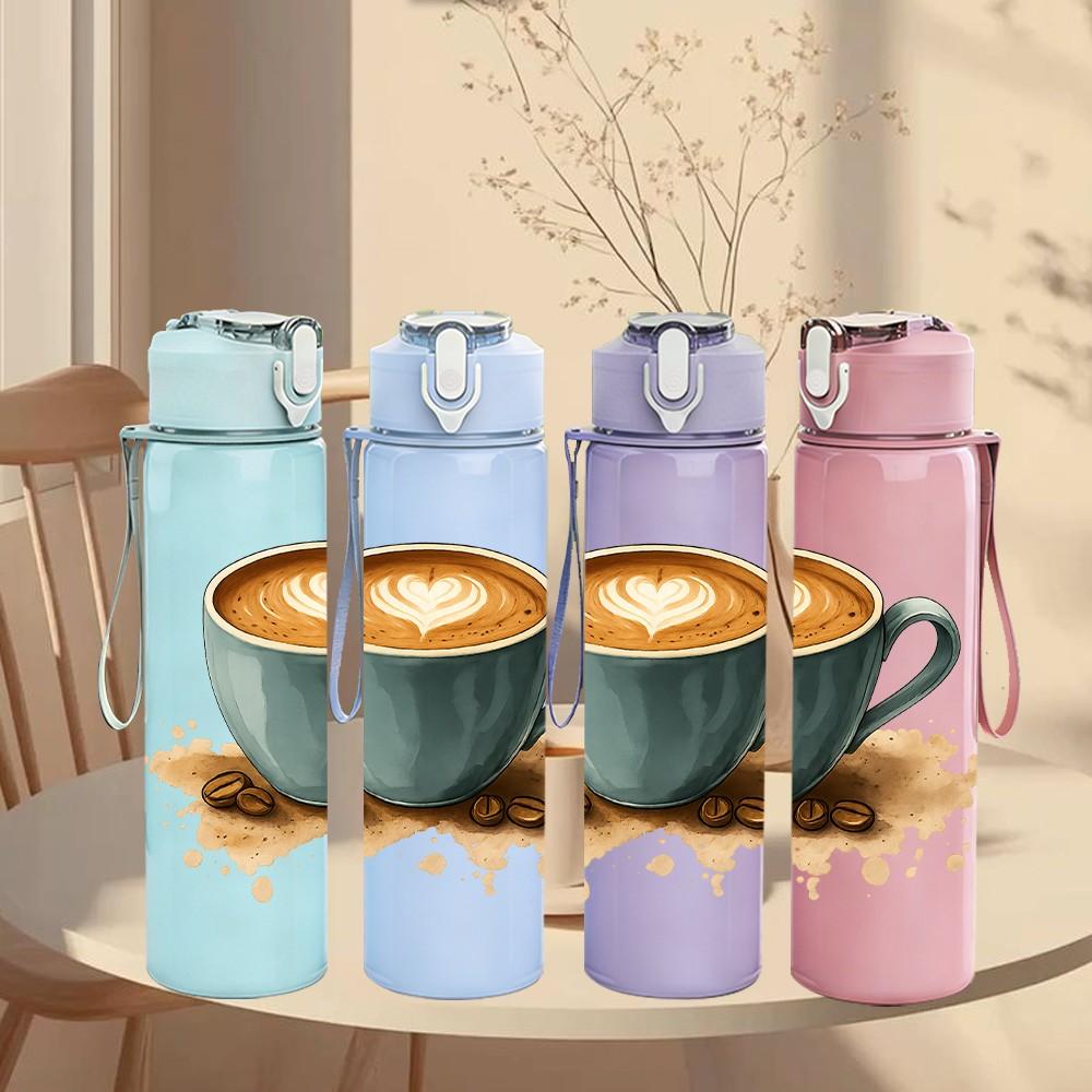1PC Latte Coffee Cup Print 750ml Color Plastic Sports Water Bottle Leakproof Flip Straw Lid Suitable for Sports Office Home Use