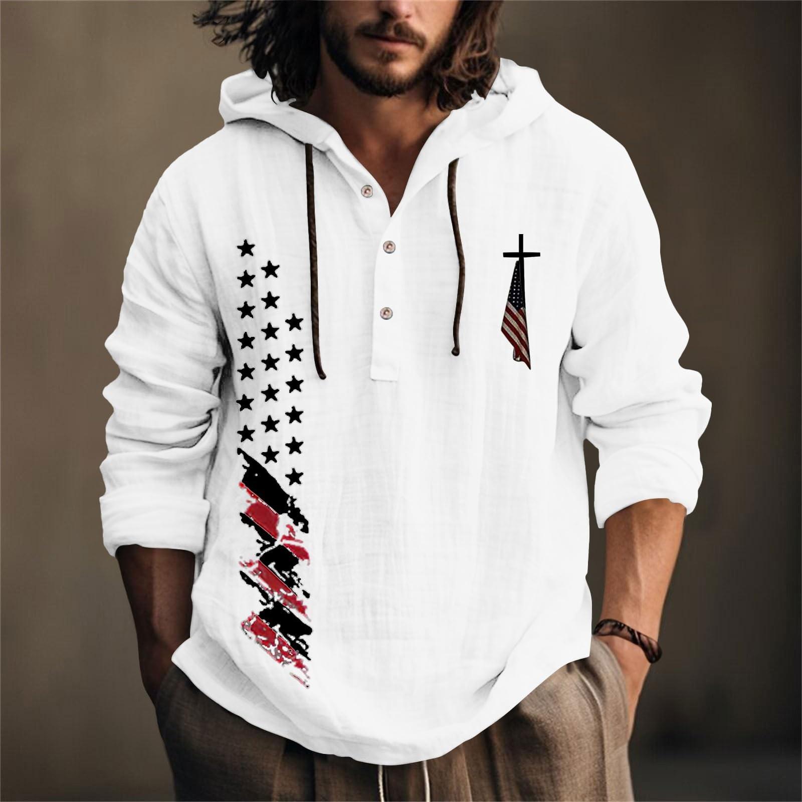 

Мужская рубашка из хлопка и льна с принтом «День независимости», с капюшоном, с длинными рукавами, повседневная одежда для весны и лета XL белый