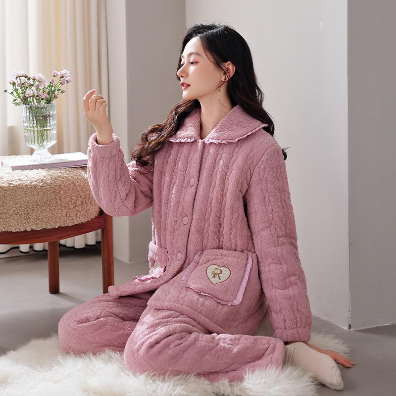 Winter Pajamas Women'S Thickened Fleece Coral Fleece Three-Layer Padded Cotton To Keep Warm, Winter Padded Jacket Set Flannel Loungewear