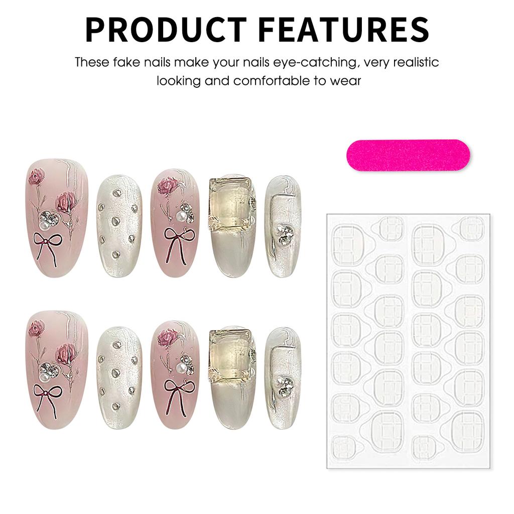 10Pcs Pearl Bowknot Artificial Nails With Rhinestones For Women