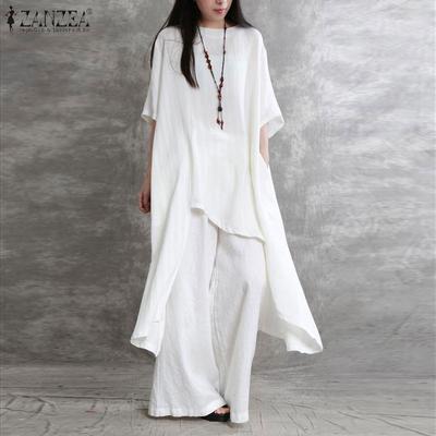 Women Retro Fashion Outfits Irregular Long Blouse and Trousers Summer Two Piece Suit Set