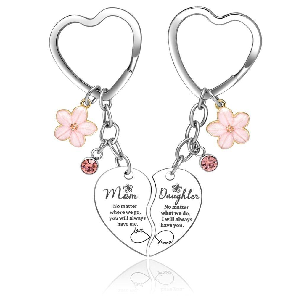 1 Set Gifts for Mom Mom Daughter Keyring Stainless Steel Elegant Heart Shape Keyring Heartfelt Engraved Charms Birthday