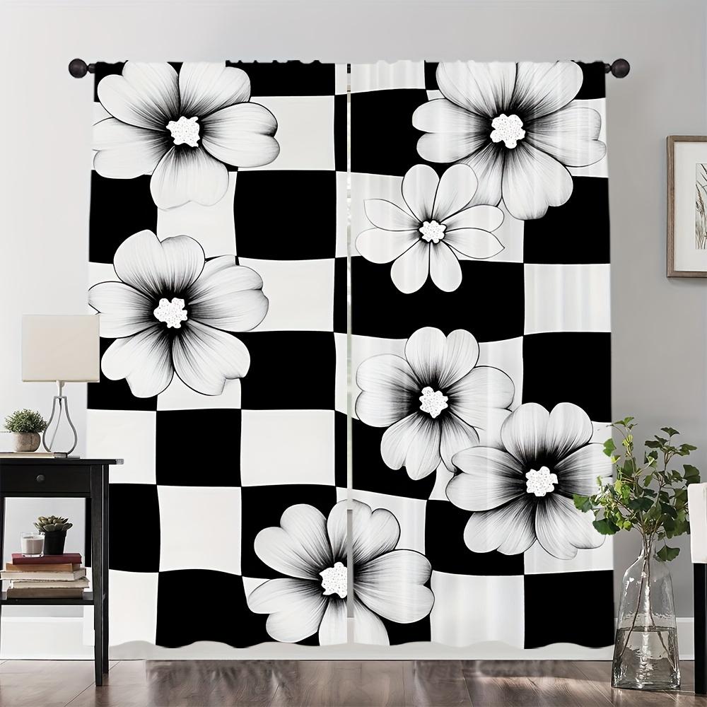 Set Of 2 Art Deco Black White Floral Checkered Curtains Fade Resistant Polyester Bedroom Living Room Off Curtain For Great Made Machine Washable