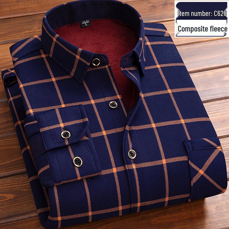 Men's Retro Plaid Fleece-lined Winter Shirt - Thick, Warm, Long-sleeved Casual Top for Middle-aged and Elderly