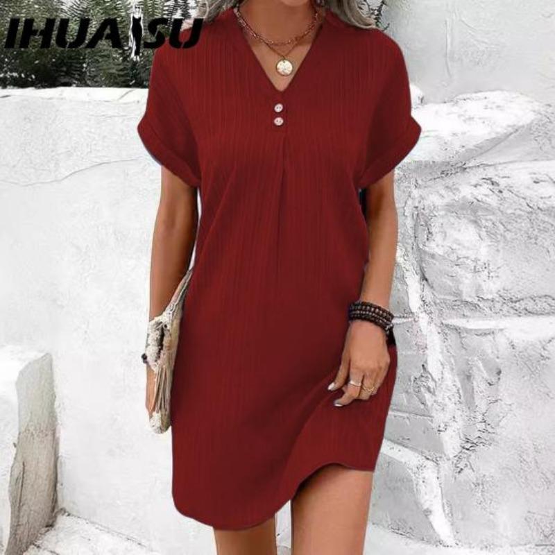 IHUASU Summer Women Dress V Neck Button Short Sleeve Loose Solid Pullover Casual Daily Wear Mini Dress