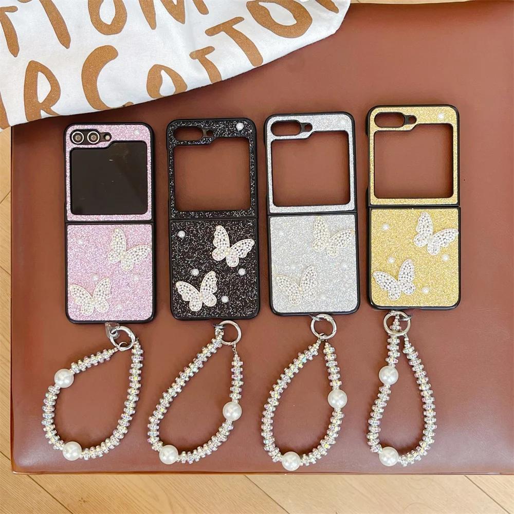 Luxury Bling Glitter 3D Butterfly Bracelet Phone Case For Samsung Galaxy Z Flip 6 5 4 3 Flip5 Flip4 Flip3 5G Wrist Chain Cover