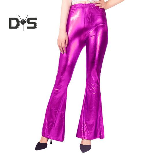 

Женские расклешенные брюки средней посадки с глянцевой поверхностью, однотонные длинные брюки, расклешенные брюки для выступлений, вечеринок, брюки из искусственной кожи M розы красного