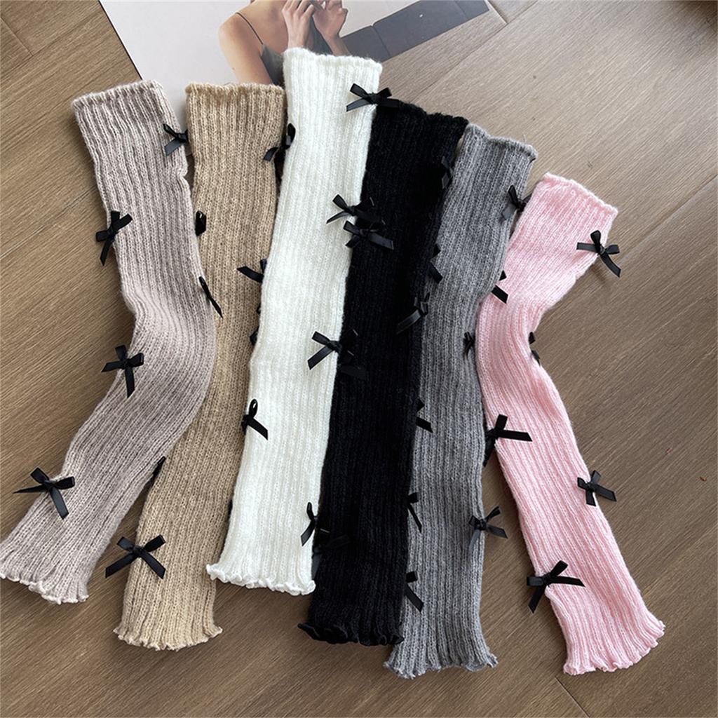 Sweet Girls Leg Warmers Women Ribbed Knit Foot Covers Elegant Bowknot Ruffled Trim Boot Cuffs Footless Long Calf Socks