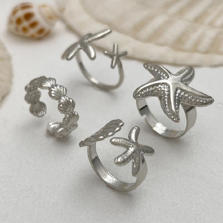 Pack of 4 Summer Gold & Silver Alloy Rings Adjustable Starfish Design Women's Beach Jewelry Set Coastal Fashion Accessories