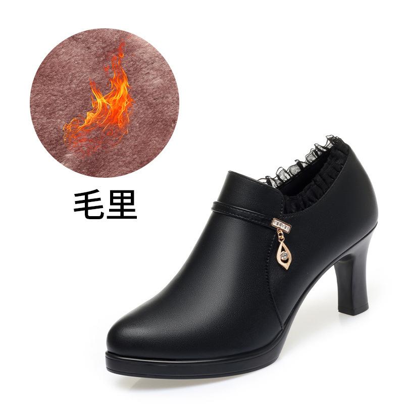 Fashion High Heeled Single Shoes Soft Sole Soft Surface Comfortable Deep Mouth Fashionable Plus Velvet Warm Women's Leather Shoes