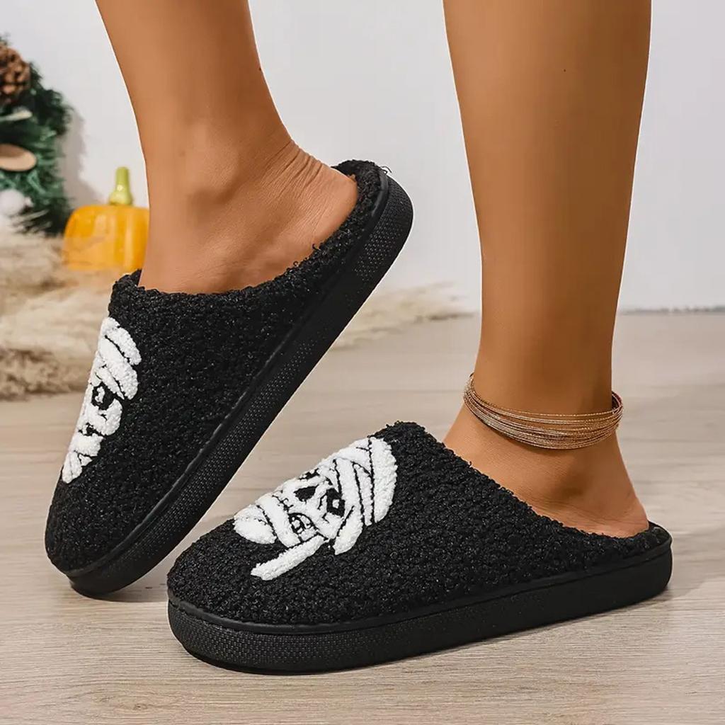 Women's Halloween Printed Plush Warm Cotton Slippers Fashionable And Casual Home Slip Closed Toe Womens Ballet Slippers Velour