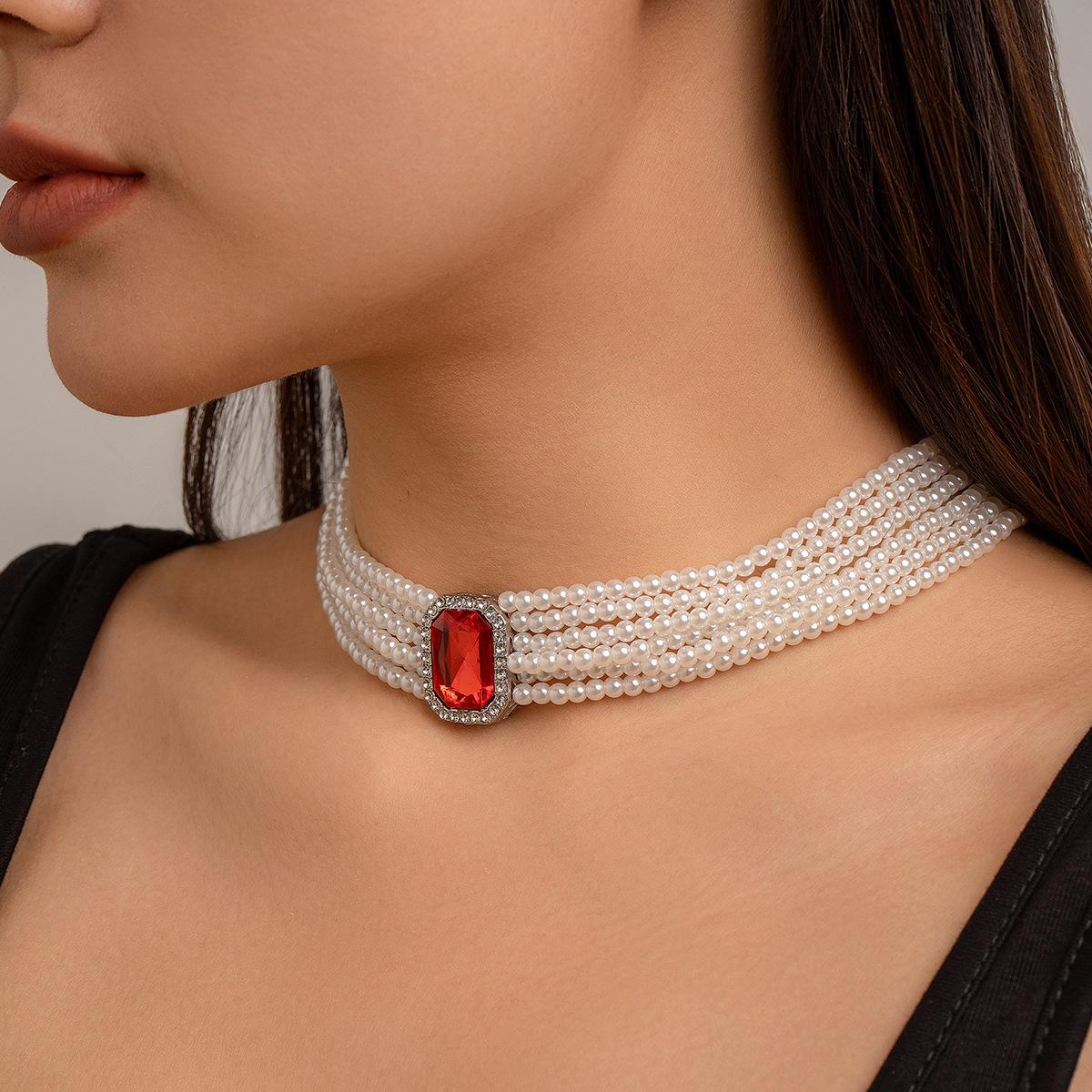 

Аксессуары, винтажное французское многослойное жемчужное колье, темпераментное колье-чокер с квадратным драгоценным камнем.