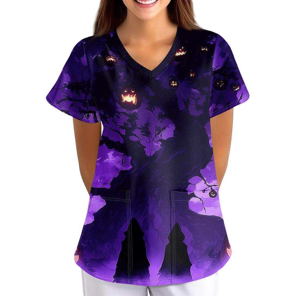 Women's Halloween Print Scrub Top V Neck Short Sleeve with Pockets Loose Fit