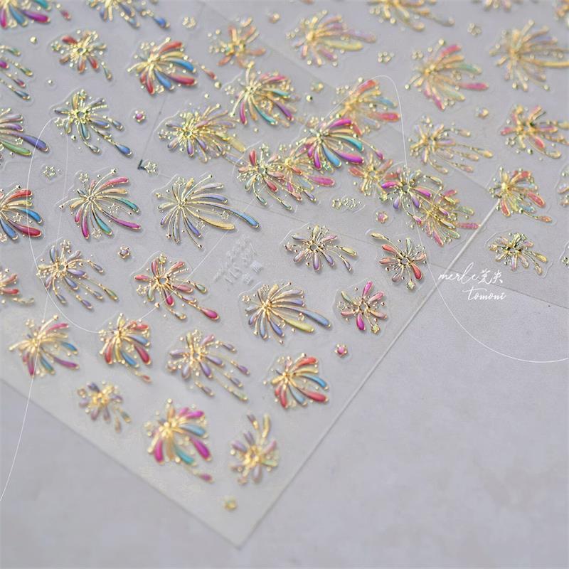 Pretty Colourful Firework Castle Shiny Romantic Pyrotechnics Embossment Self Adhesive Nail Art Stickers New Year Manicure Decals