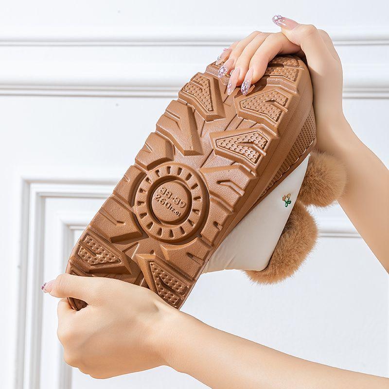 New bow pompon thick furry slippers women's winter waterproof leatherette shoes home plush slipper ladies platform slides shoes