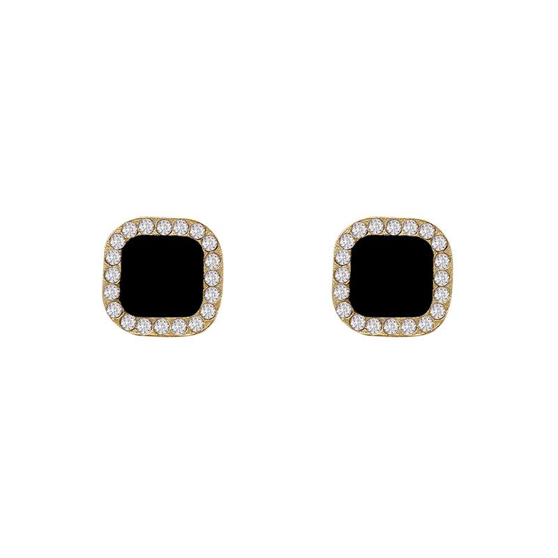 Silver needle geometric full diamond square stud earrings women's niche design sense black earrings Korean simple temperament earrings