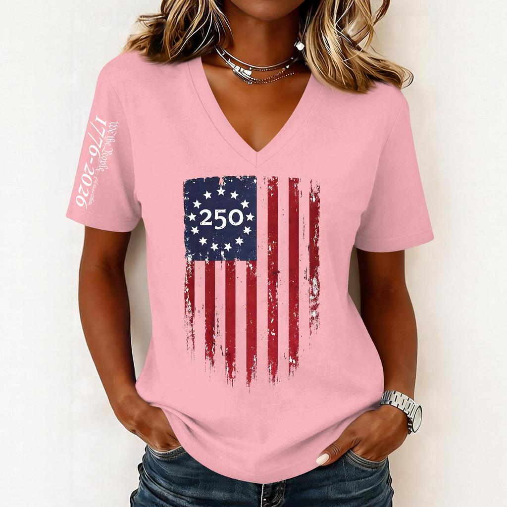 Women’s Casual V Neck Short Sleeve Pullover Top with 250th Anniversary Printed Graphic Lightweight Loose Fit T Shirt