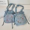 New Bow Embroidery Large Capacity Denim Drawstring Tote Bag Fashionable Shoulder Handbag