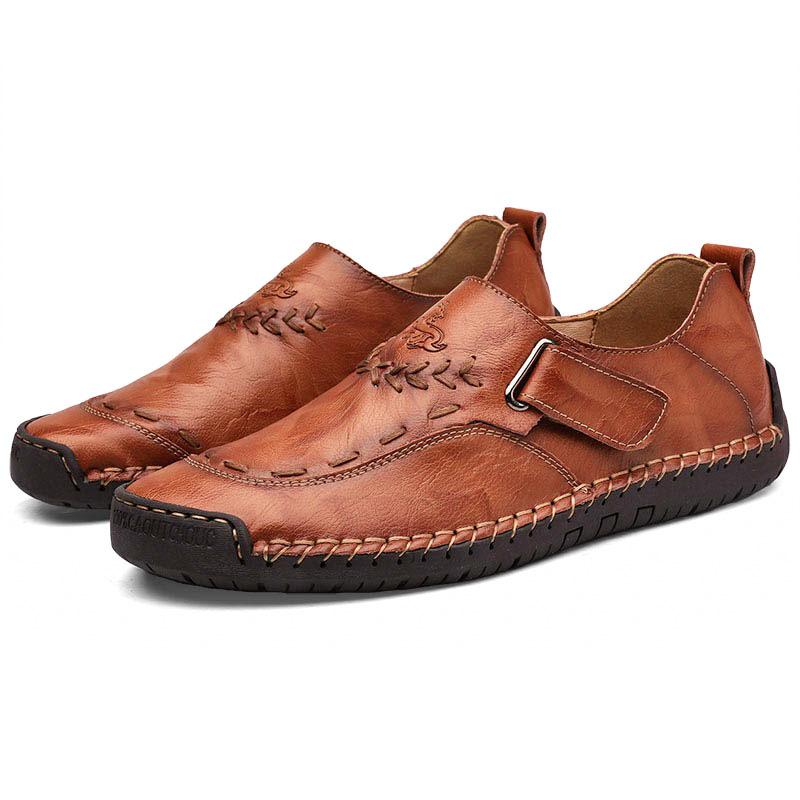 Men's Slip-On Comfortable Flat Bottom Leather Shoes Male Breathable Outdoor Casual Slip-Over Cowhide Walking Shoes Large Size 48