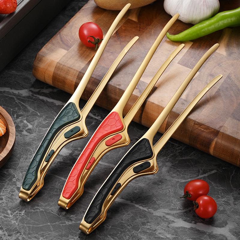 "Korean Style Titanium Gold-Plated 304 Stainless Steel Pointed Tip Tongs with Rubber Handle for Barbecue and Food">