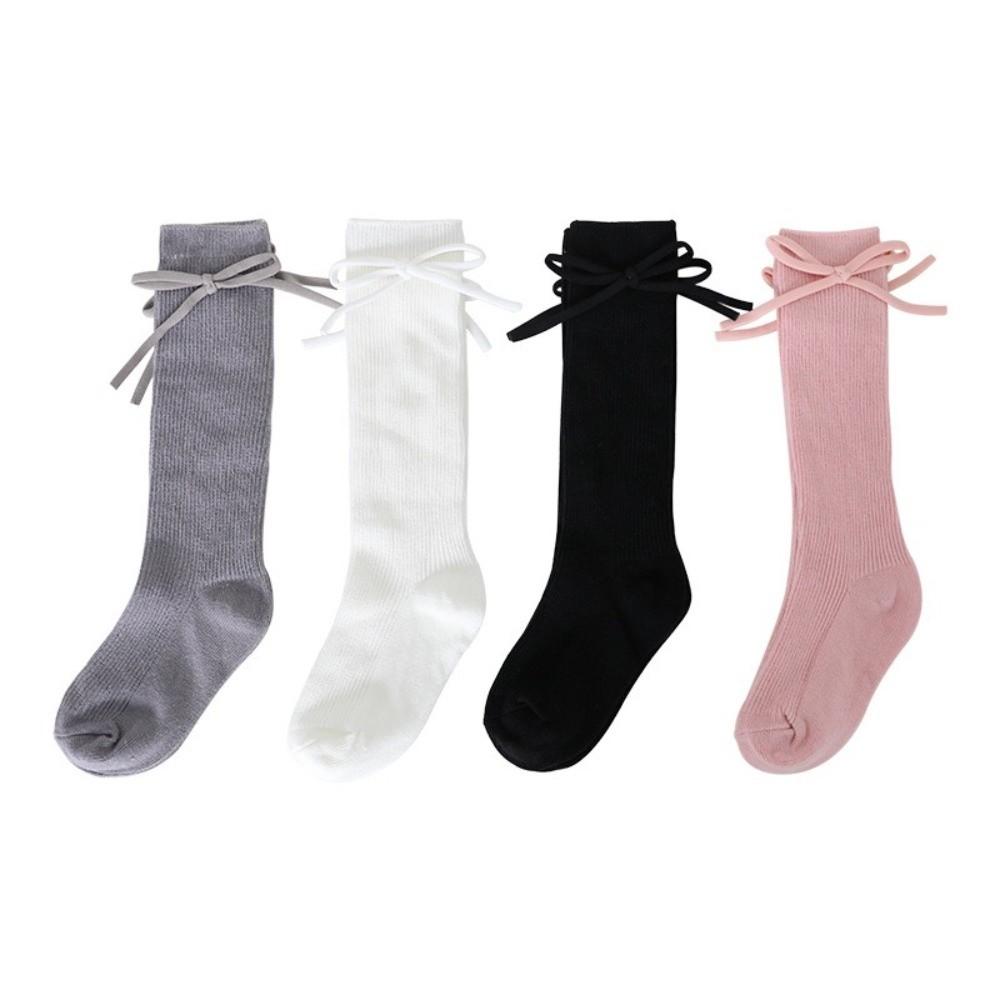Cute Solid Color Kids Knee High Socks Cotton Bow Girls Bowknot Flat Long Sock Breathable Soft Children Princess Sockes