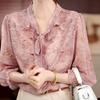 Elegante Blusa de Gasa con Encaje Rosa y Lazo en V, Tallas Grandes, para Personas de Mediana Edad y Mayores