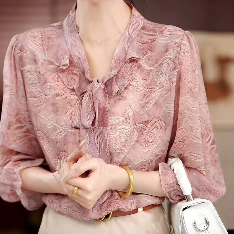Elegant V-Neck Bow Blouse - Pink Lace Chiffon, Plus Size, for Middle-Aged & Elderly