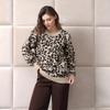 Women's Autumn and Winter Leopard Print Jacquard Crew Neck Knitted Sweater Loose Shoulder Lantern Sleeve Casual Pullover