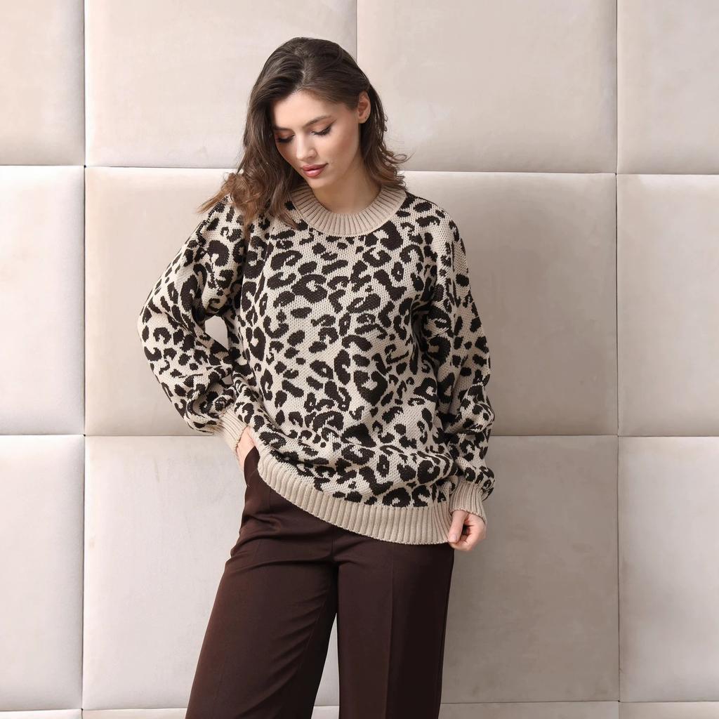 Women's Autumn and Winter Leopard Print Jacquard Crew Neck Knitted Sweater Loose Shoulder Lantern Sleeve Casual Pullover