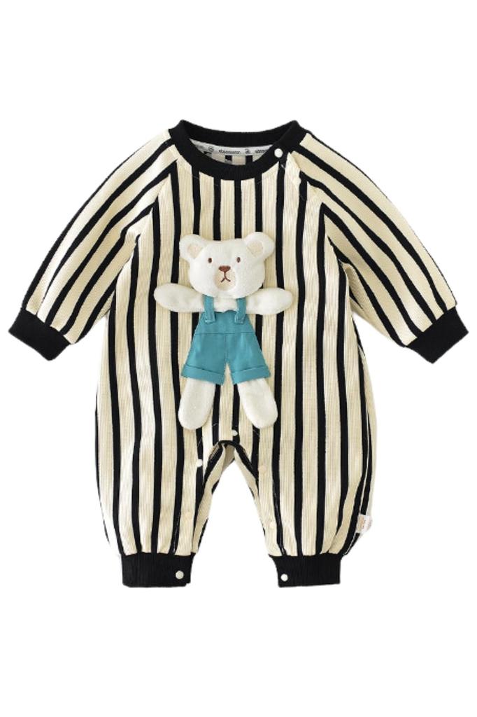 Long Sleeve Striped Animal Romper with Stuffed Soft Korean Baby 90cm [EnDast] Animal, Material, Children's Clothing, Clothing, Gift, 66cm, 73cm, 80cm,
