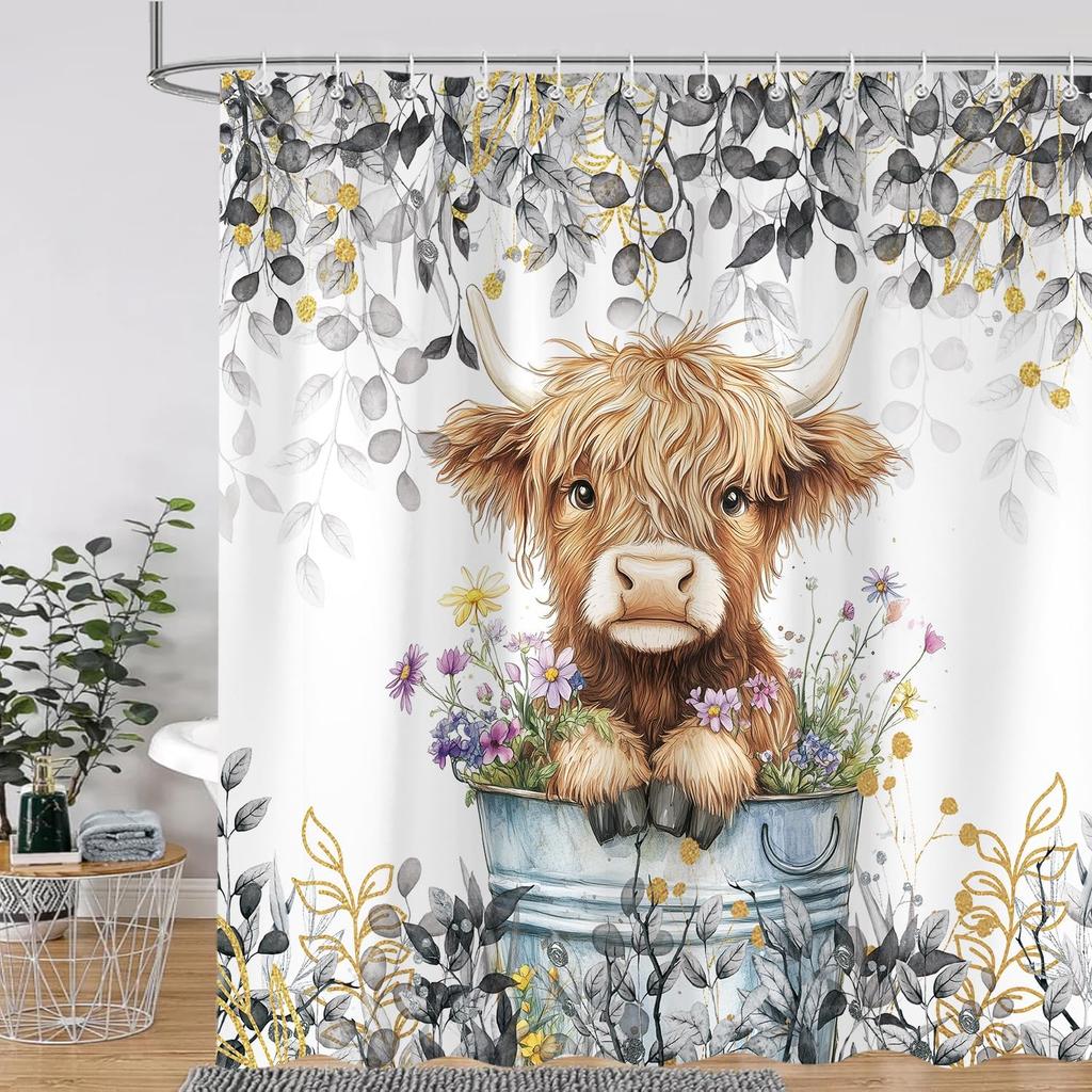 Cute Highland Cow Shower Curtain for Bathroom, Farmhouse Rustic Cow Animal Bathing in Bathtub Shower Curtains Decor Set