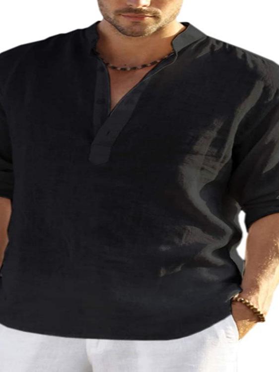 Heren Plus Size Katoen Linnen Lange Mouwen Shirt - Los Effen Kleur T-shirt