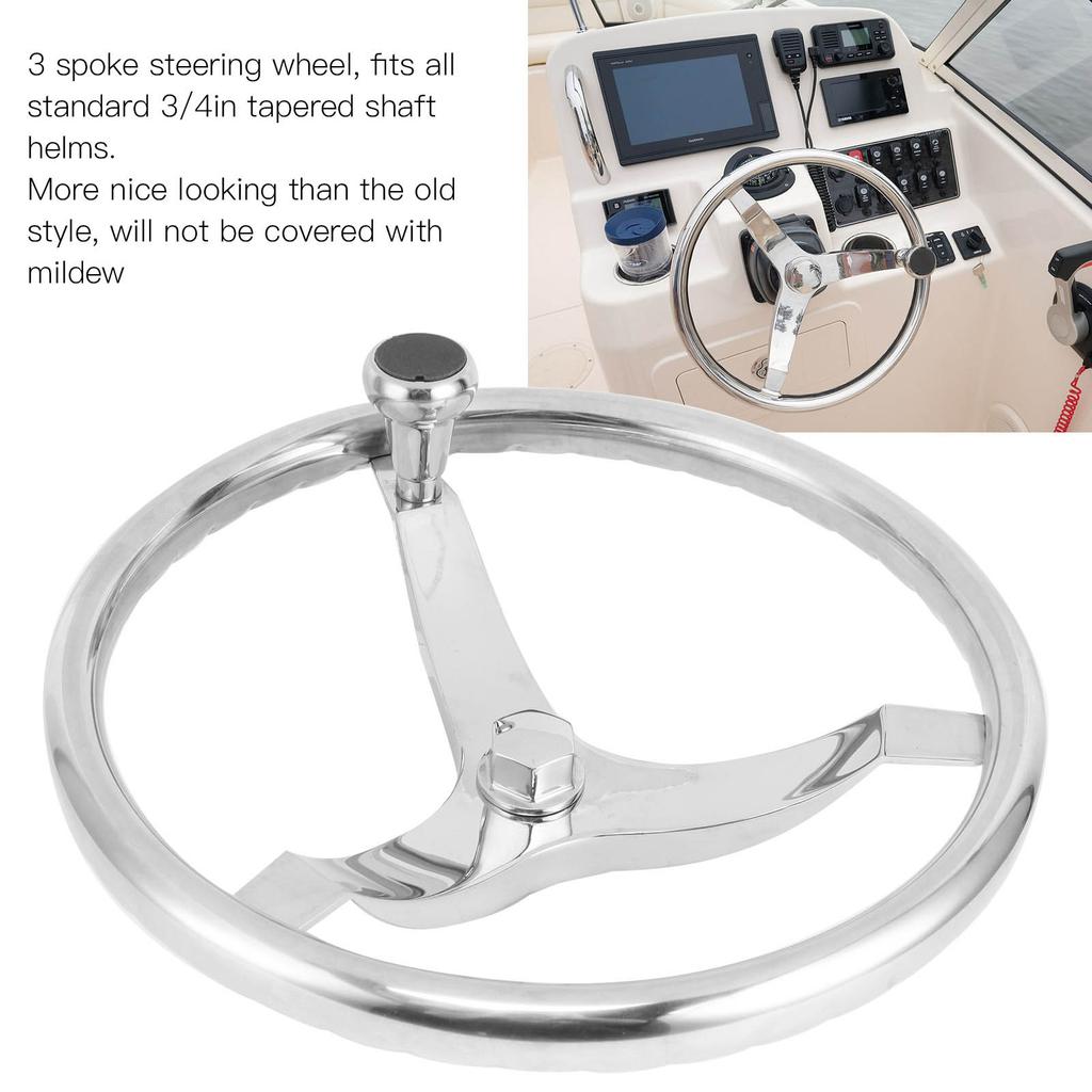 13.5in 3 Spoke 316 Stainless Steel Steering Wheel with 5/8in ‑18 Nut Turning Knob for Yacht