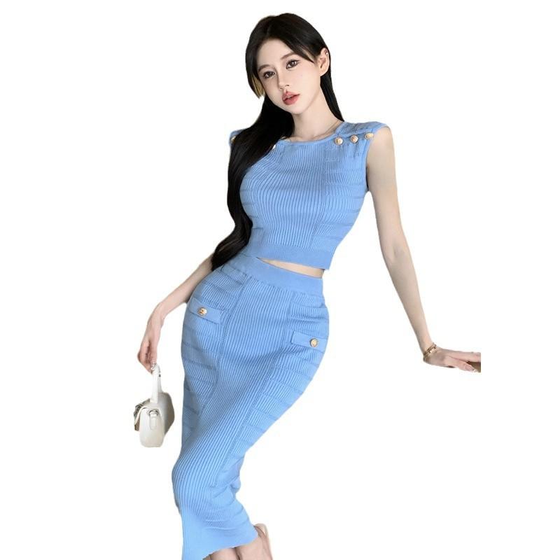 2025 temperament celebrity sleeveless vest top hip skirt knitted suit