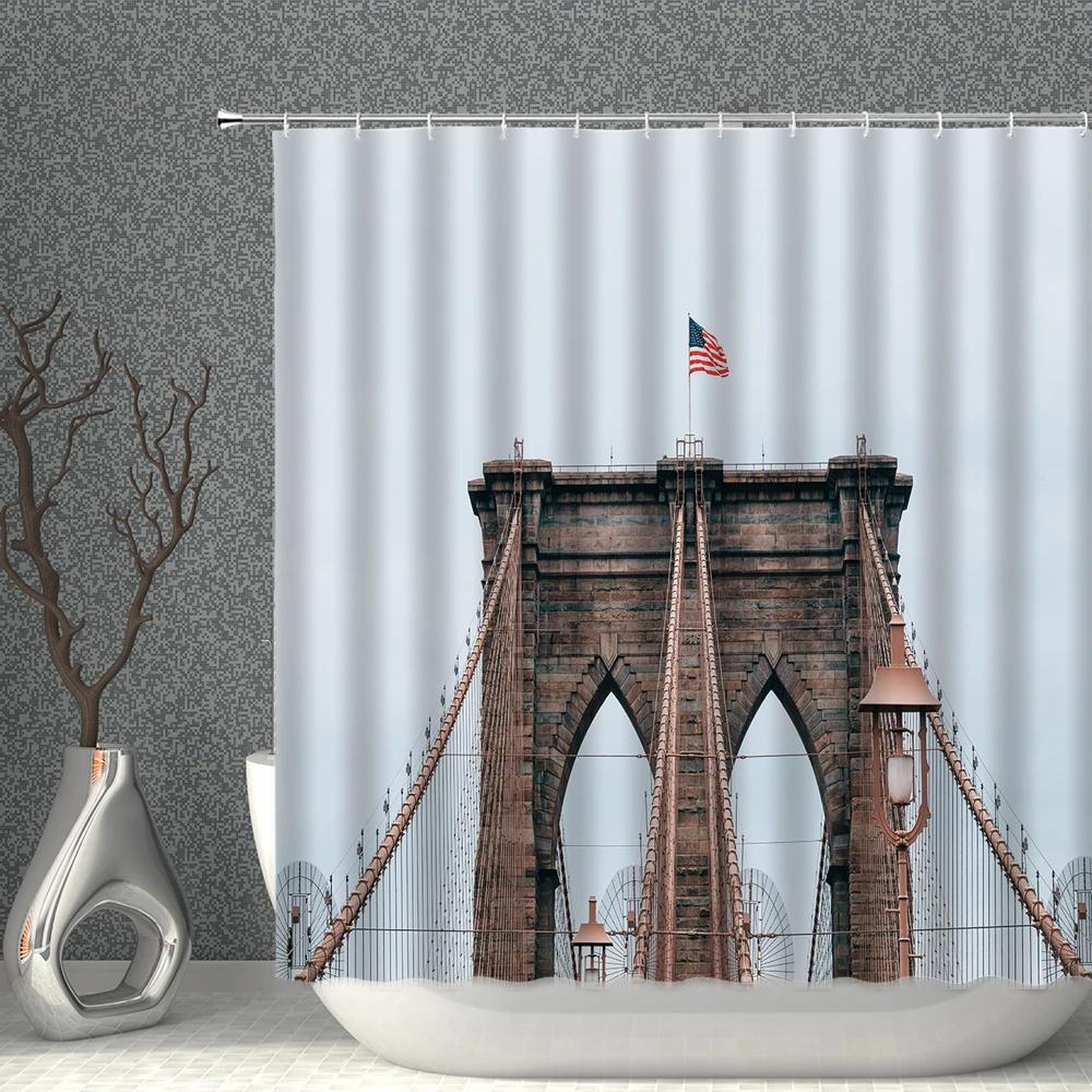 Scenery Shower Curtain Big Ben Golden Gate Bridge UK USA Building Landscape Bath Curtains Waterproof Cloth Bathroom Screen Decor