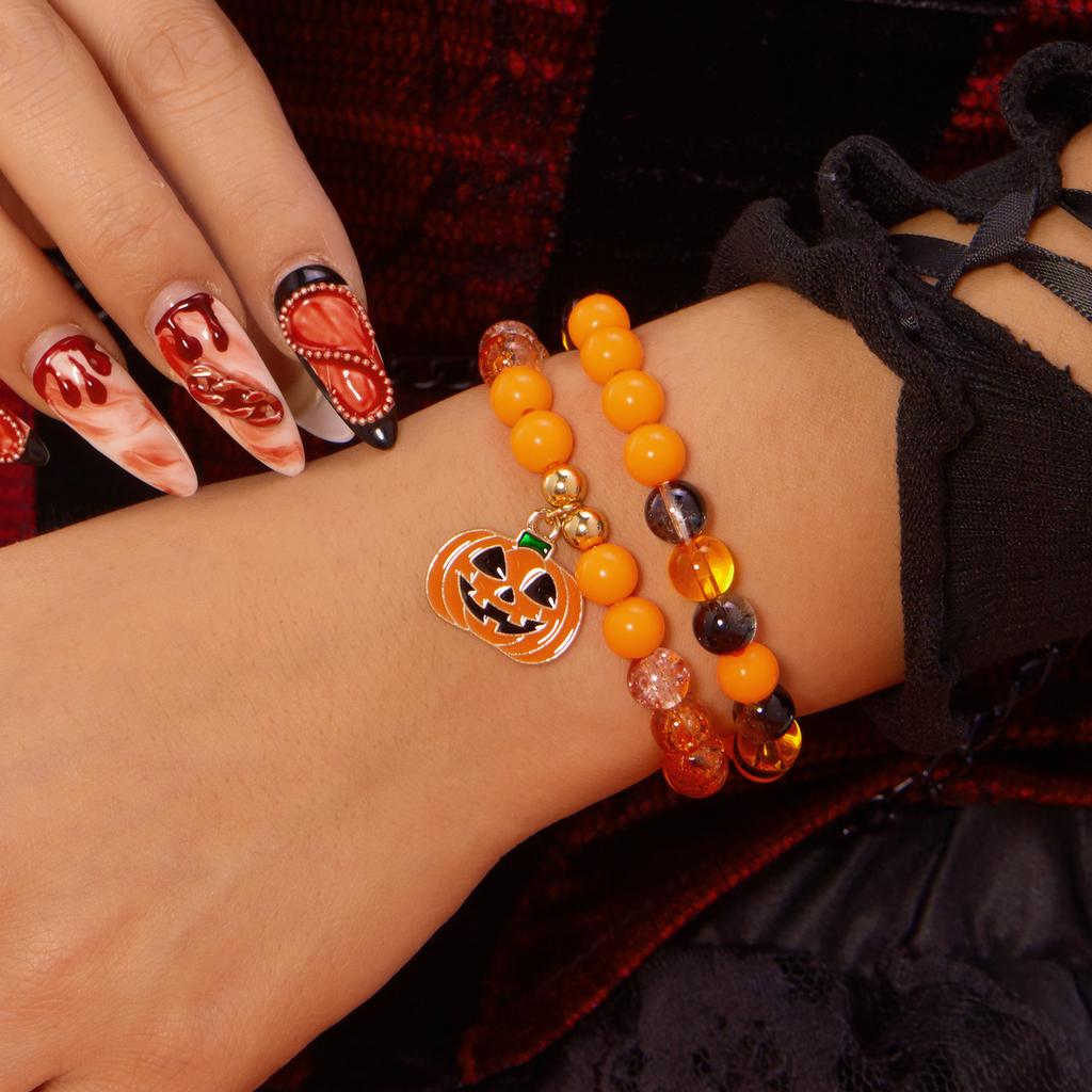 Gothic Halloween Pumpkin Crystal Beads Bracelet for Women Cartoon Cat Bat Ghost Elastic Chain Festival Party Wrist Jewelry Gift