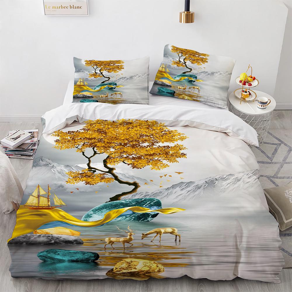 Hirsch Bettbezug Set Wildtiere Blumenmuster Polyester Bettwäsche Set King Twin Full Size Bettdeckenbezug für Kinder Jungen Mädchen