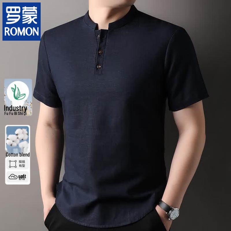 ROMON Men s Linen Blend New Chinese Style Polo T-Shirt 2XL