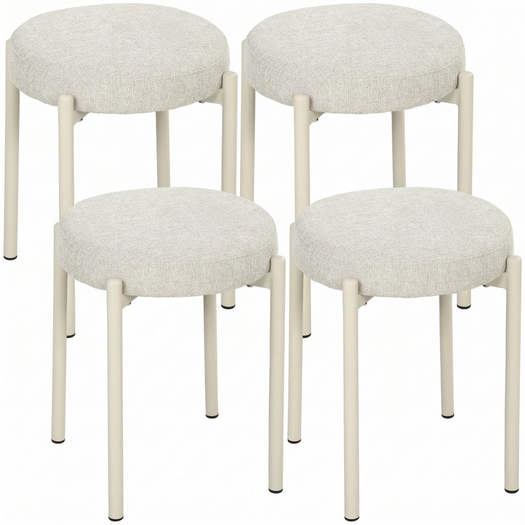 Stackable Stools, Set of 4, Round, Padded Seat, No Backrest, 45 x 45 x 47.5 cm, Cream