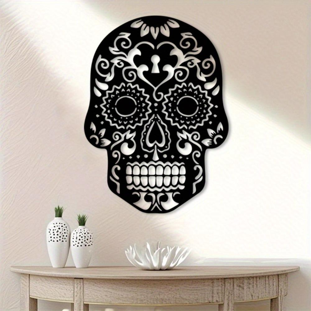 Vintage Sugar Skull Metal Wall Art, Black White Floral Iron Decor, Powder Coated Durable Mural for Living Room Gothic Home, Halloween Christmas Gift