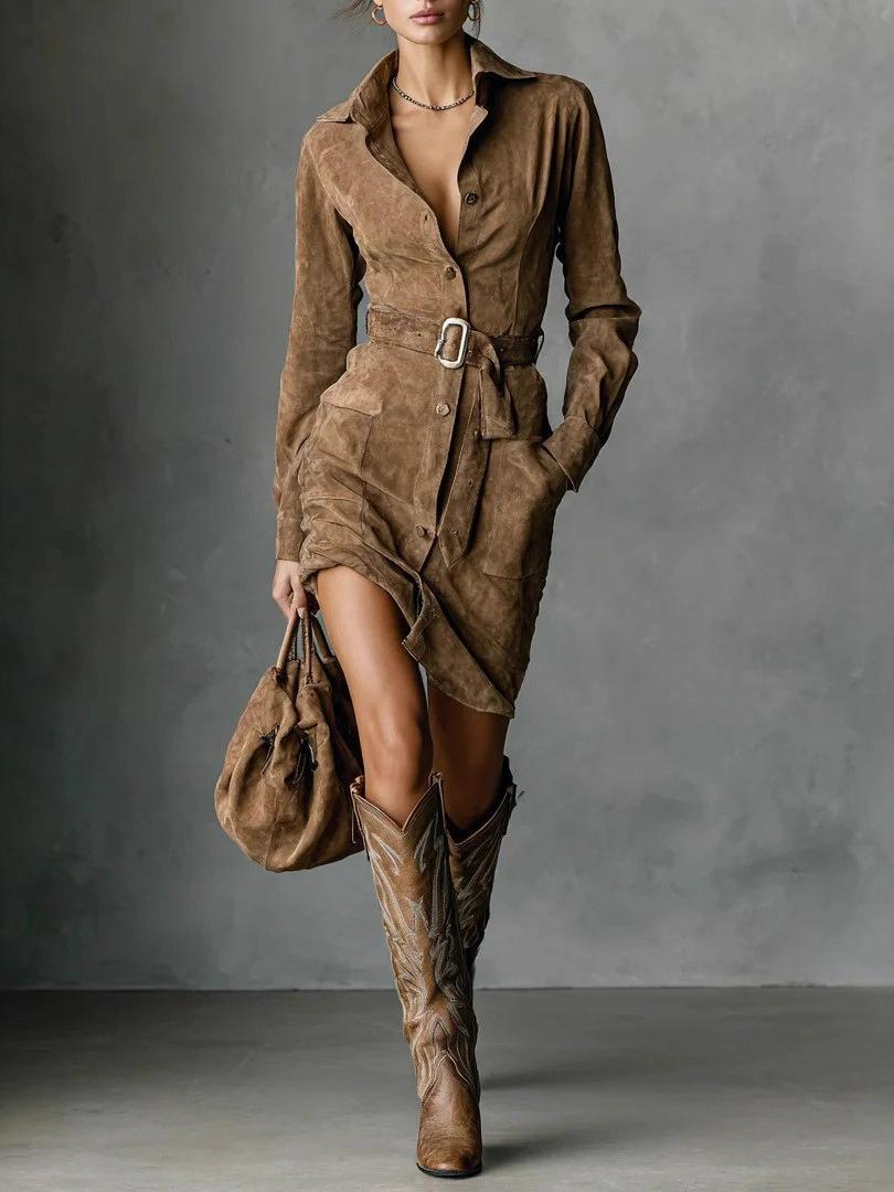 High-Quality Retro British Style Suede Plush Slim Fit Lapel Shirt Dress for Women XXL верблюд