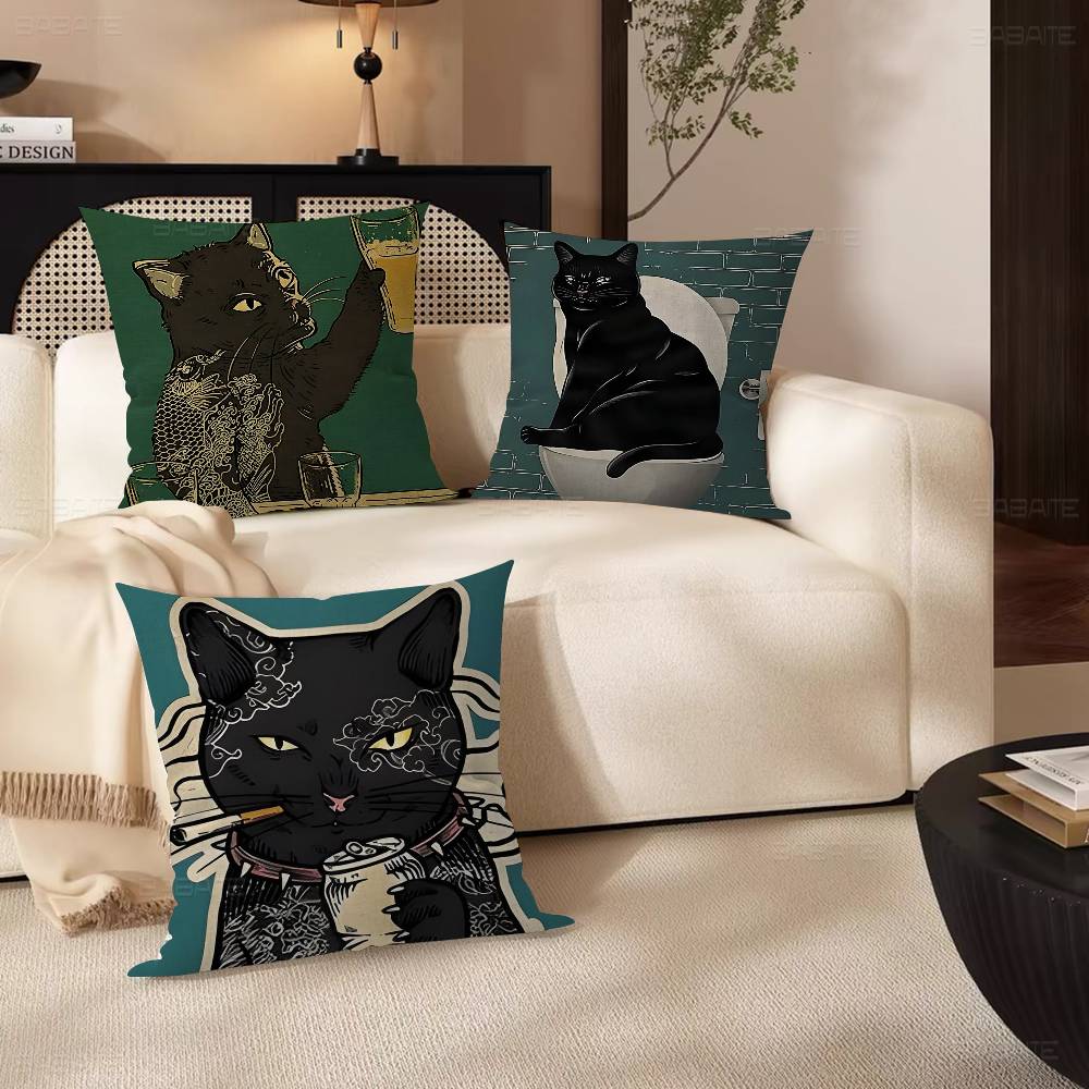 Black Drink Cat Vintage Posters Pillow Gift Home Office Decoration Bedroom Sofa Car Cushion Cover Case 45X45