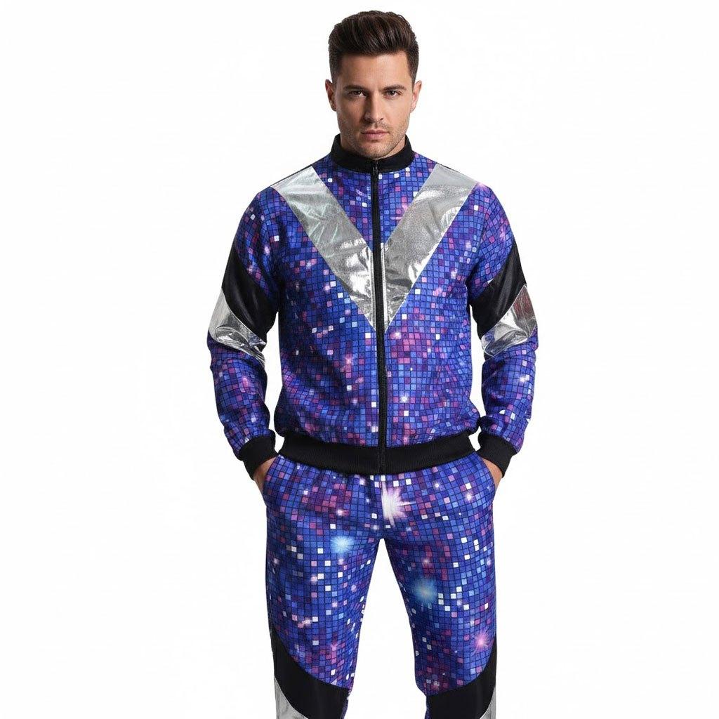 80s Disco Party Outfit Geometric Print Tracksuit Set Breathable Unisex Costume S фиолетовый