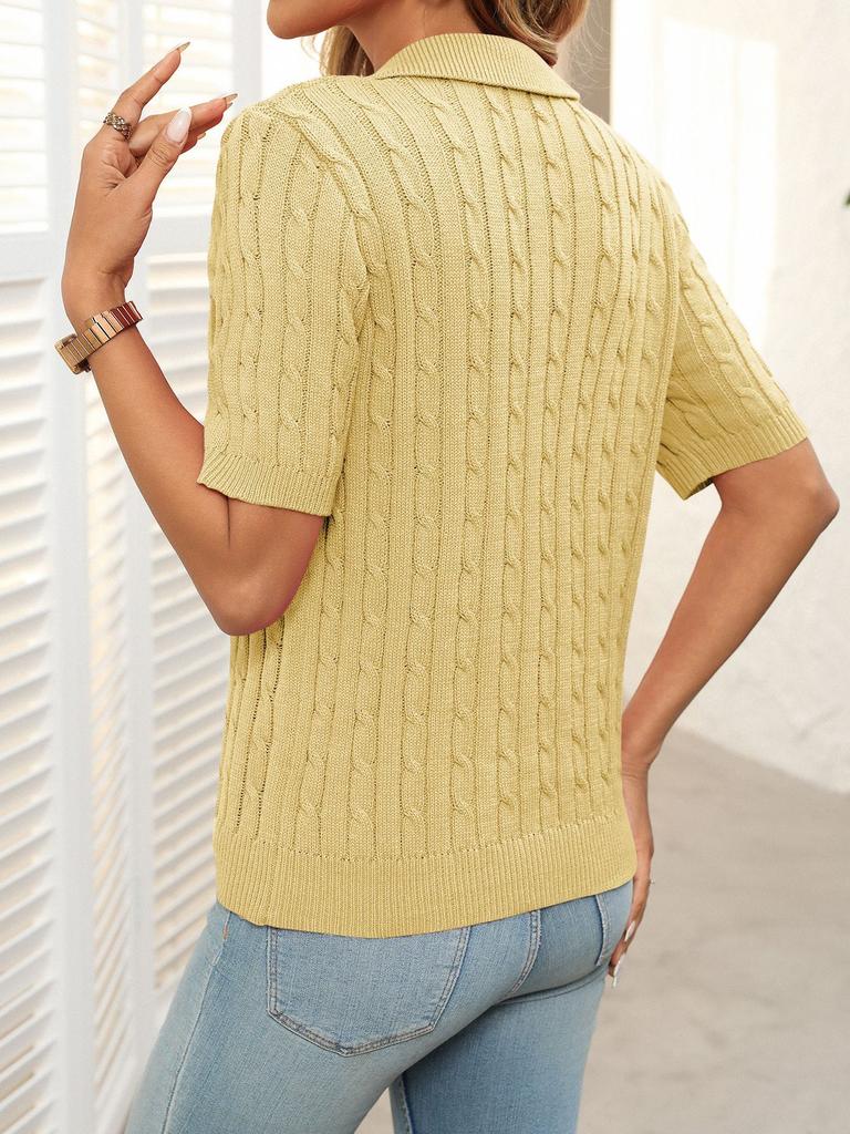 2025 Summer Women's Short Sleeve Lapel Collar V-Neck Cable Knit Pullover Sweater, Casual Chic Knitted Top for Daily & Office Wear