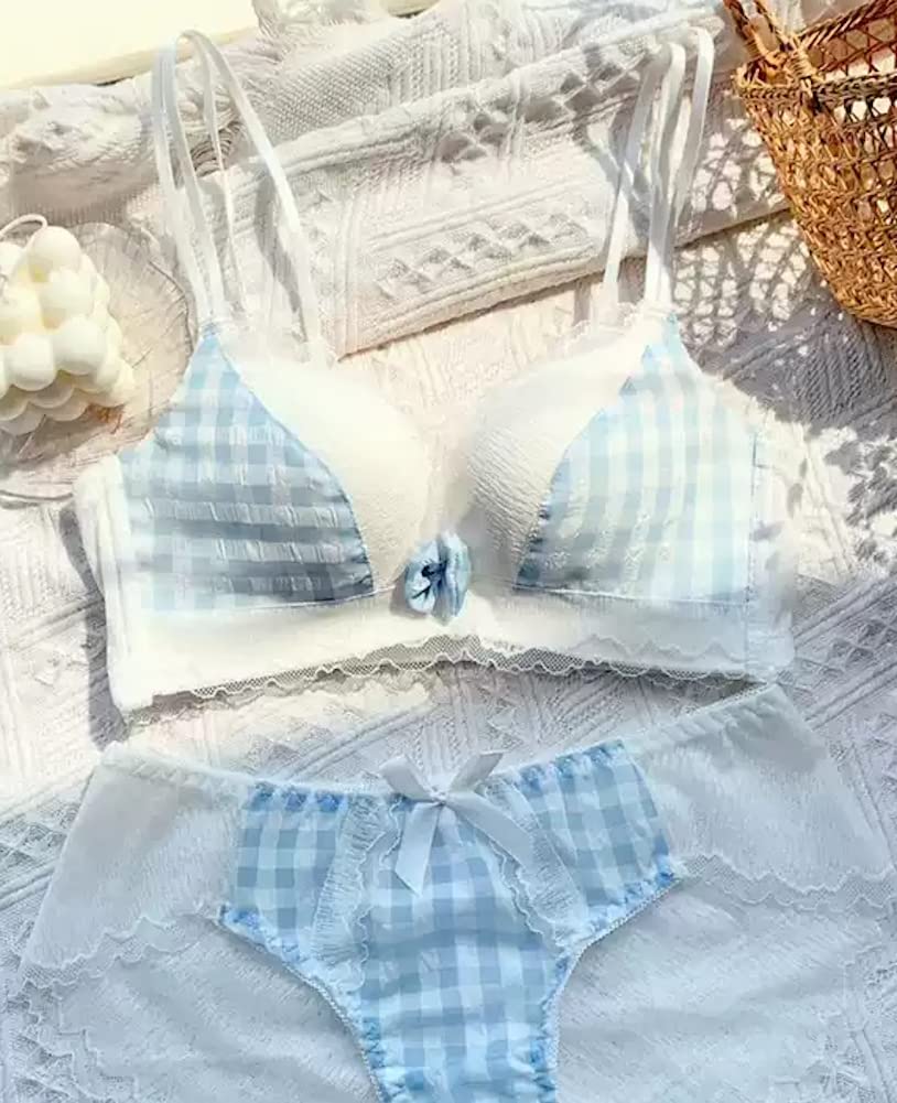 GOODS Premium Lace Checkered Bra Raku Bra [TOKYO MARKET] [PureAribon] Non-Wired (Blue, B70/L)