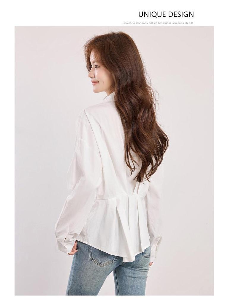 Women's French Style Slimming White Polo Neck Long Sleeve Shirt - 2026 Early Spring Collection