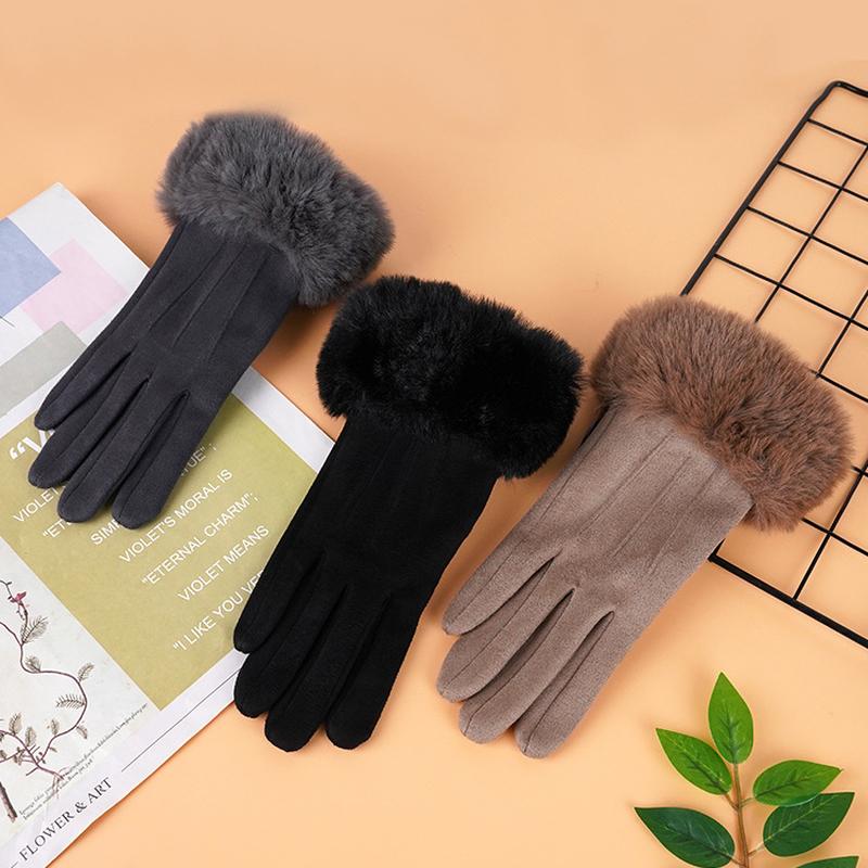 New Women Winter Keep Warm Touch Screen Suede Fabric Female Plush Wrist Not Bloated Elegant Solid Soft Cycling Drive Gloves