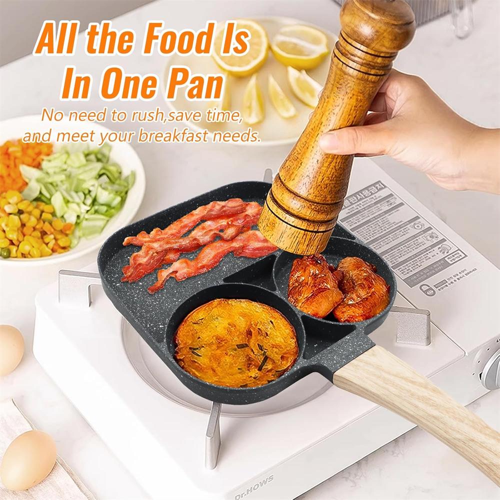 Egg Frying Pan Non-Stick Egg Pan with 2Hole Multi Aluminum Alloy Fried Egg Pan with Wooden Handle for Burger Eggs Ham